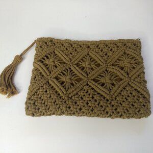 Crochet Zippered Lined Pouch Beige Brown Tassel Zipper Closure Travel Make Up